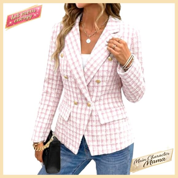 Tweed Plaid Blazer Jacket Double-Breasted Slim Petite Casual Work Pocket - Picture 5 of 7